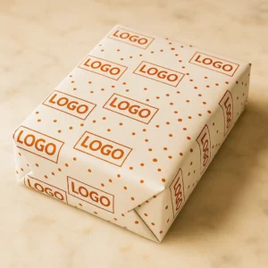 Luxe cadeau verpakt in bedrukt cadeaupapier met logo, liggend op een marmeren ondergrond