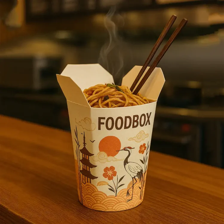 Zijkant van bedrukte foodbox met eigen logo zichtbaar