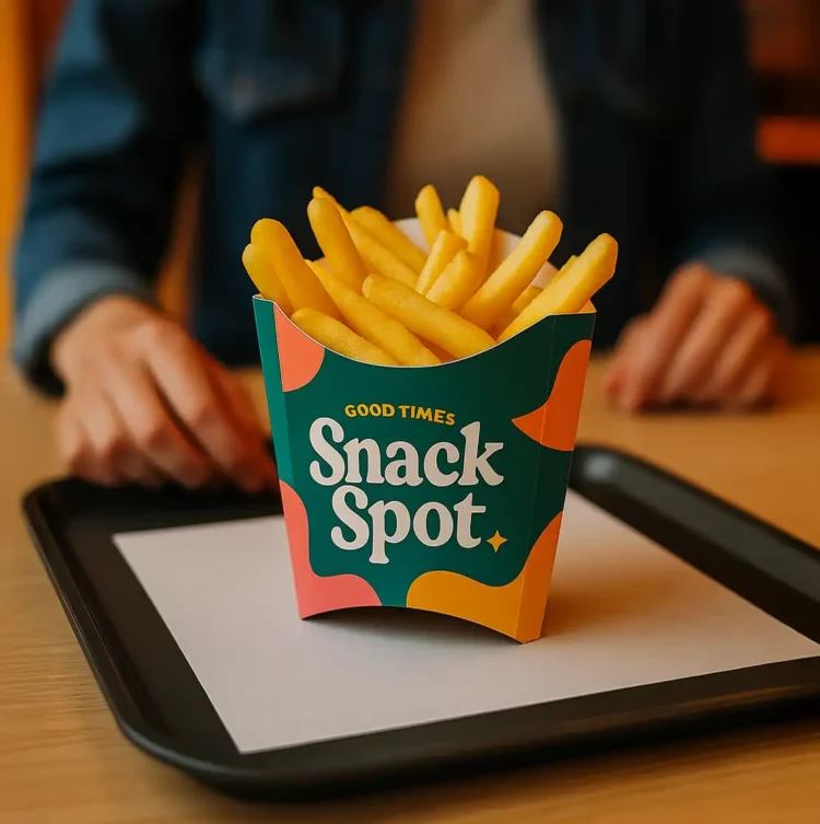 Bedrukt frietbakje met logo voor snackbar of restaurant