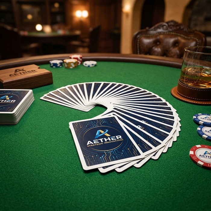 Bedrukte pokerkaarten op een casino pokertafel met pokerfiches