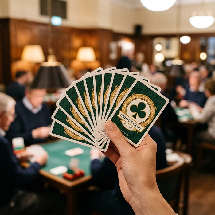 Close-up van hand met bedrukte bridgekaarten met clublogo op achterzijde