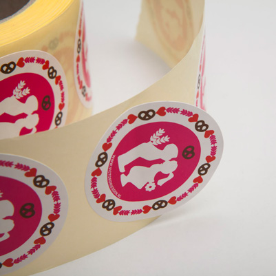 Stickers op rol bedrukken, wit glanspapier, ronde vorm